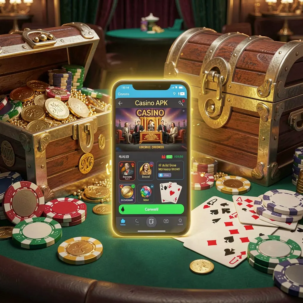 PH787 Casino APK download scene featuring a glowing smartphone displaying an Android-style mobile app layout with a treasure chest, chips, and coins nearby in a luxury 3D render