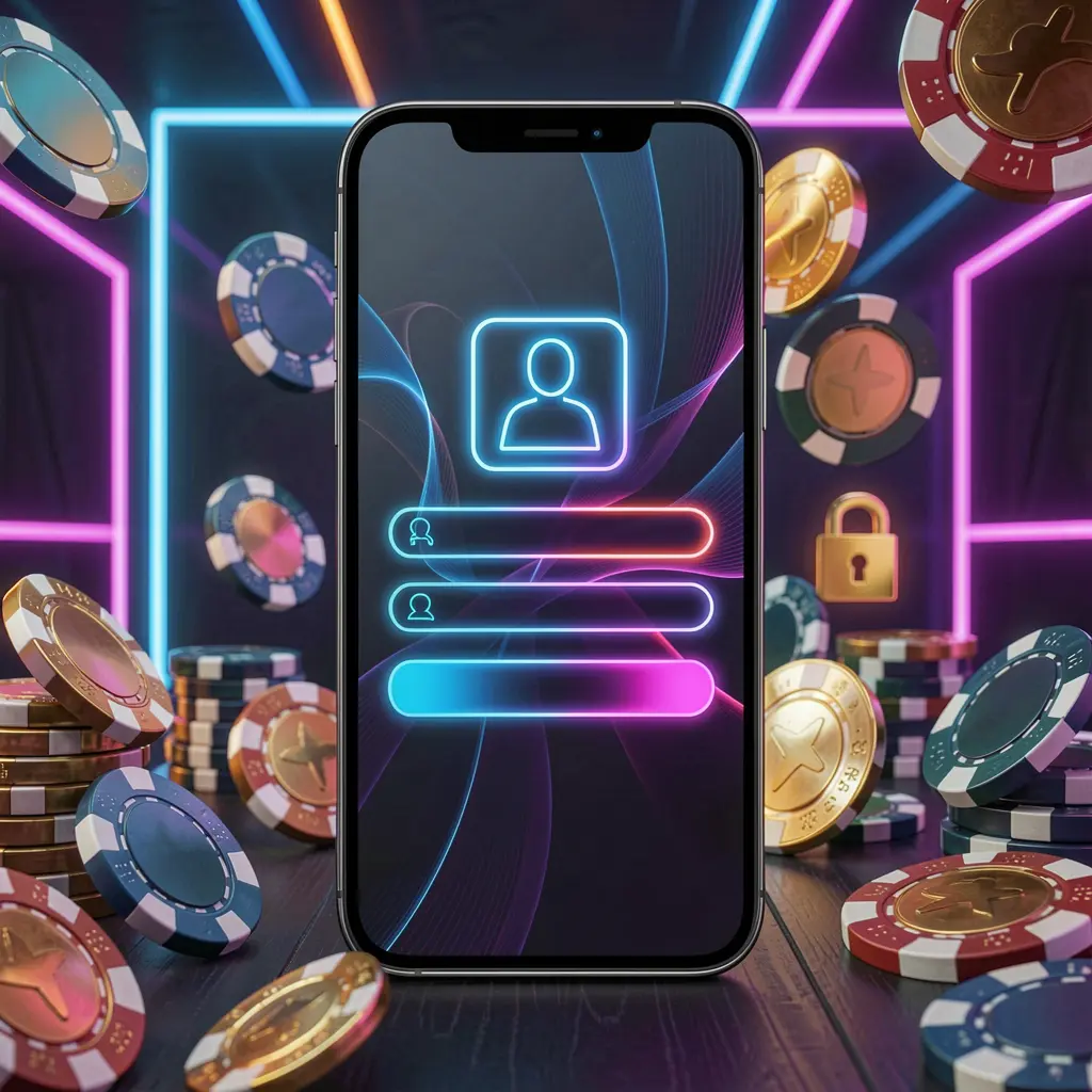 PH787 mobile gaming login page concept showing a smartphone with an abstract login interface featuring user and lock icons, surrounded by casino chips and coins under luxury neon lighting