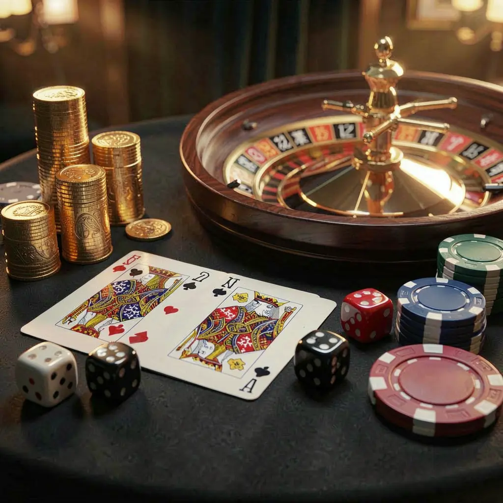 PH787 elegant online casino homepage featuring royal flush cards, dice, golden coins, poker chips on a dark table with a glowing roulette wheel in the background